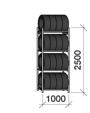 Däckställ startsektion 2500x1000x600, 4 hyllplan