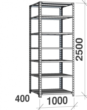 Metallriiul 2500x1000x400, 7 plaati, 120kg/plaat, hall post/zn riiulid