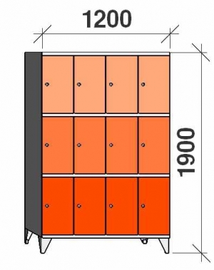 Klädskåp, 12 dörrar, 1900x1200x545 mm