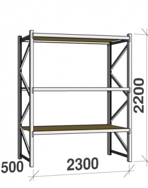 Lagerhylla startsektion 2200x2300x500 350kg/hyllplan,3 hyllor, spånskiva