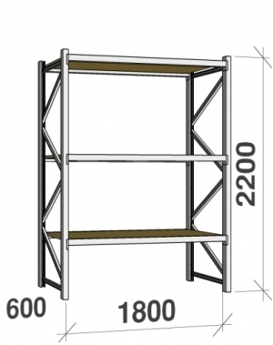 Metallriiul põhiosa 2200x1800x600 480kg/tasapin,3 puitlaast tasapinda