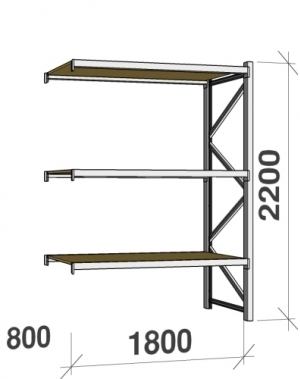 Metallihylly jatko-osa 2200x1800x800 480kg/hyllytaso,3 tasoa lastulevytasoilla