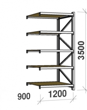 Metallihylly jatko-osa 3500x1200x900 600kg/taso,5 tasoa lastulevytasoilla MAXI