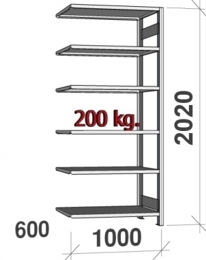 Varastohylly jatko-osa 2020x1000x600 200kg/hyllytaso,6 tasoa ZN Kasten, käytetty