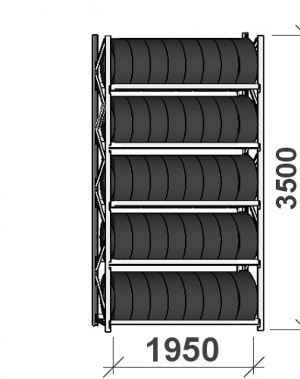 Däckställ startsektion 3500x1950x500, 5 hyllplan,440kg/plan MAXI