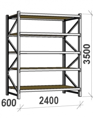 Lagerhylla startsektion 3500x2400x600 300kg/hyllplan,5 hyllor, spånskiva MAXI