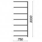 Lagerhylla följesektion 3000x750x300 200kg/hyllplan,7 hyllor