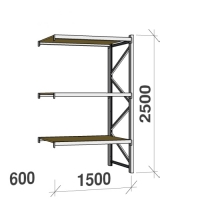 Lagerhylla följesektion 2500x1500x600 600kg/hyllplan 3 hyllor, spånskiva