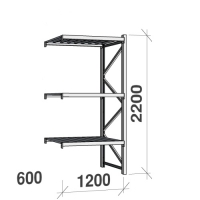 Lagerhylla följesektion 2200x1200x600 600kg/hyllplan 3 hyllor, zinkplåt