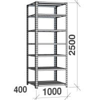 Angle shelf 2500x1000x400, 7 levels,120kg/level, gray upright/galv. shelves